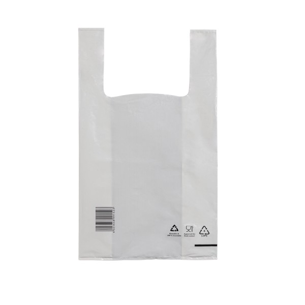 Mehrweg Hemdchen-Tragetaschen weiß oder transparent Recycling Plastiktüte LDPE 28+14x48cm 50µ 1000St